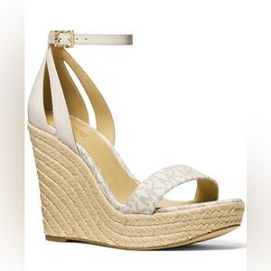 Michael Kors *Kimberly* MK logo beige vanilla wedge espadrille sandals 8